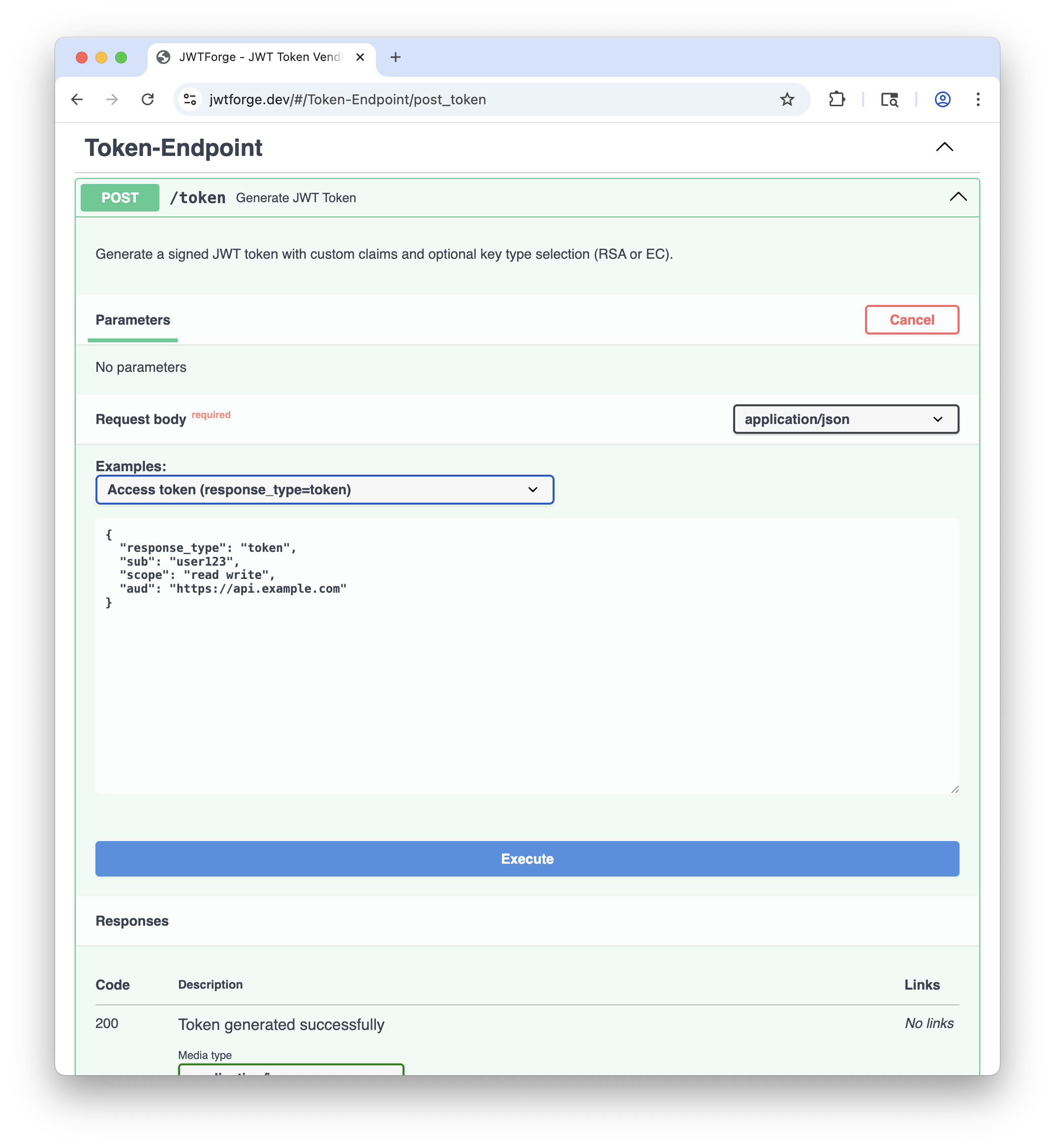 JWTForge Swagger UI for generating tokens. JWTForge provides example token templates for various testing scenarios making it easier for users to generate JWT tokens.